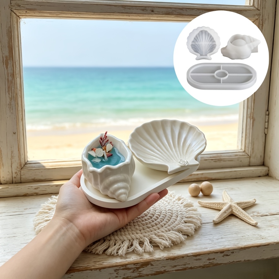 Kitchen Baking Utensil Set - ชุดผลิตภัณฑ์ซีรีส์มารีน 3 ชิ้น ประกอบด้วยเชิงเทียนรูปเปลือกหอย, จานรูปเปลือกหอย และถาด,