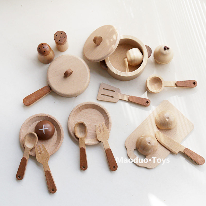 Kitchen Baking Utensil Set - ชุดครัวไม้บีชสำหรับเด็กของเล่น Maoduo พร้อมอุปกรณ์ทำครัว หม้อ ชุดของเล่นทำอาหารเสมือนจริง ชุดหั่นอาหาร