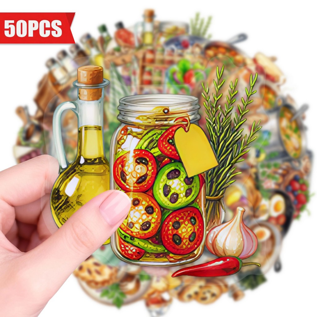 Baking (Kitchen Ingredient) - สติกเกอร์ใส PET สำหรับอาหารในครัว 50 ชิ้น, สติกเกอร์ส่วนผสมขนมอบตะวันตกสำหรับตกแต่ง